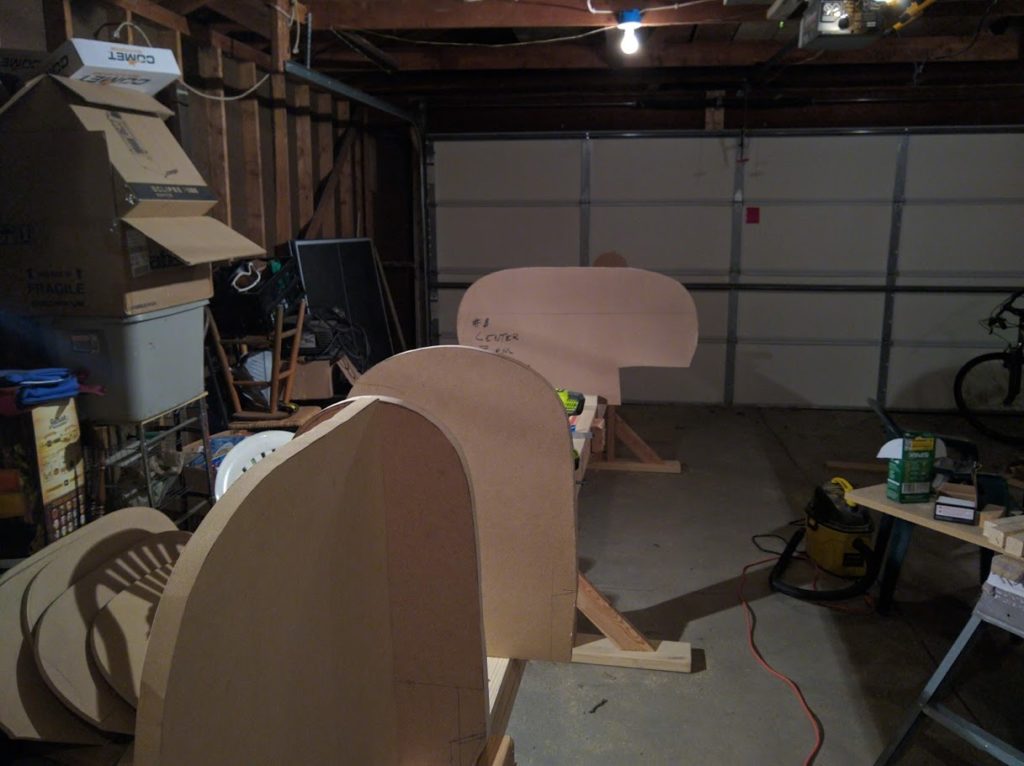 Looking down the partially constructed strongback. 3 forms visible.